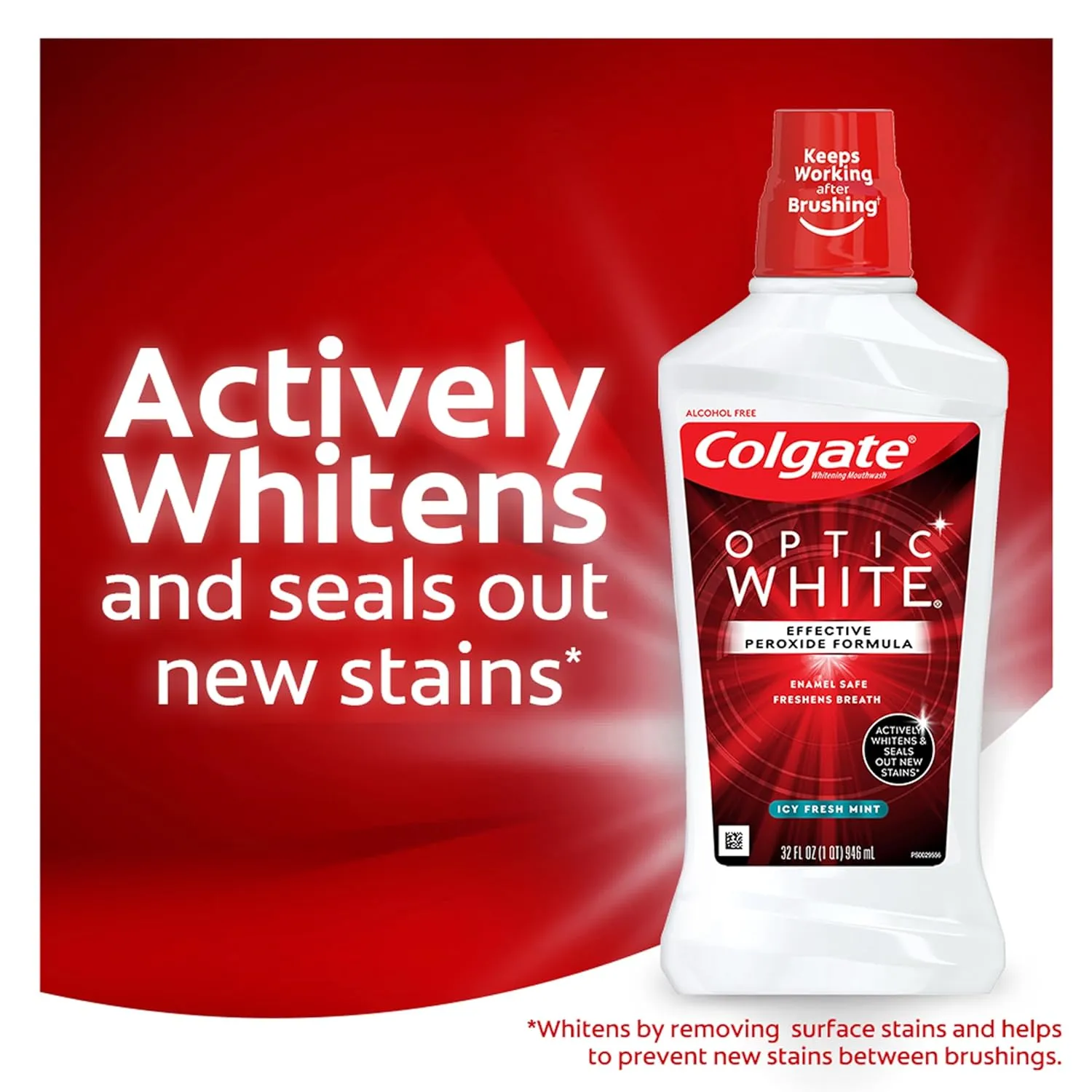 Colgate Optic White Whitening Mouthwash with Hydrogen Peroxide, Alcohol Free, Icy Fresh Mint - 16 fluid ounces (6 Pack)