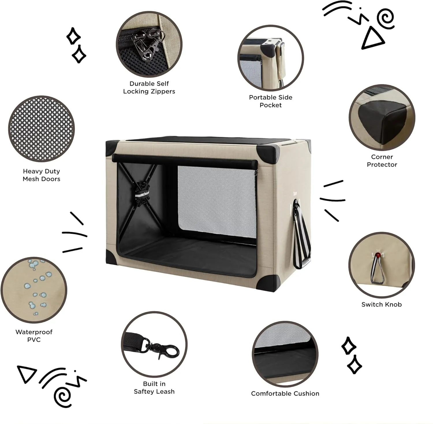 Collapsible Dog Crate - 37 Inch Portable Foldable Travel Crates for Large Dogs with Detachable Storage Bag, Removable Pad, and Mesh Windows for Outdoor & Indoor (Beige)