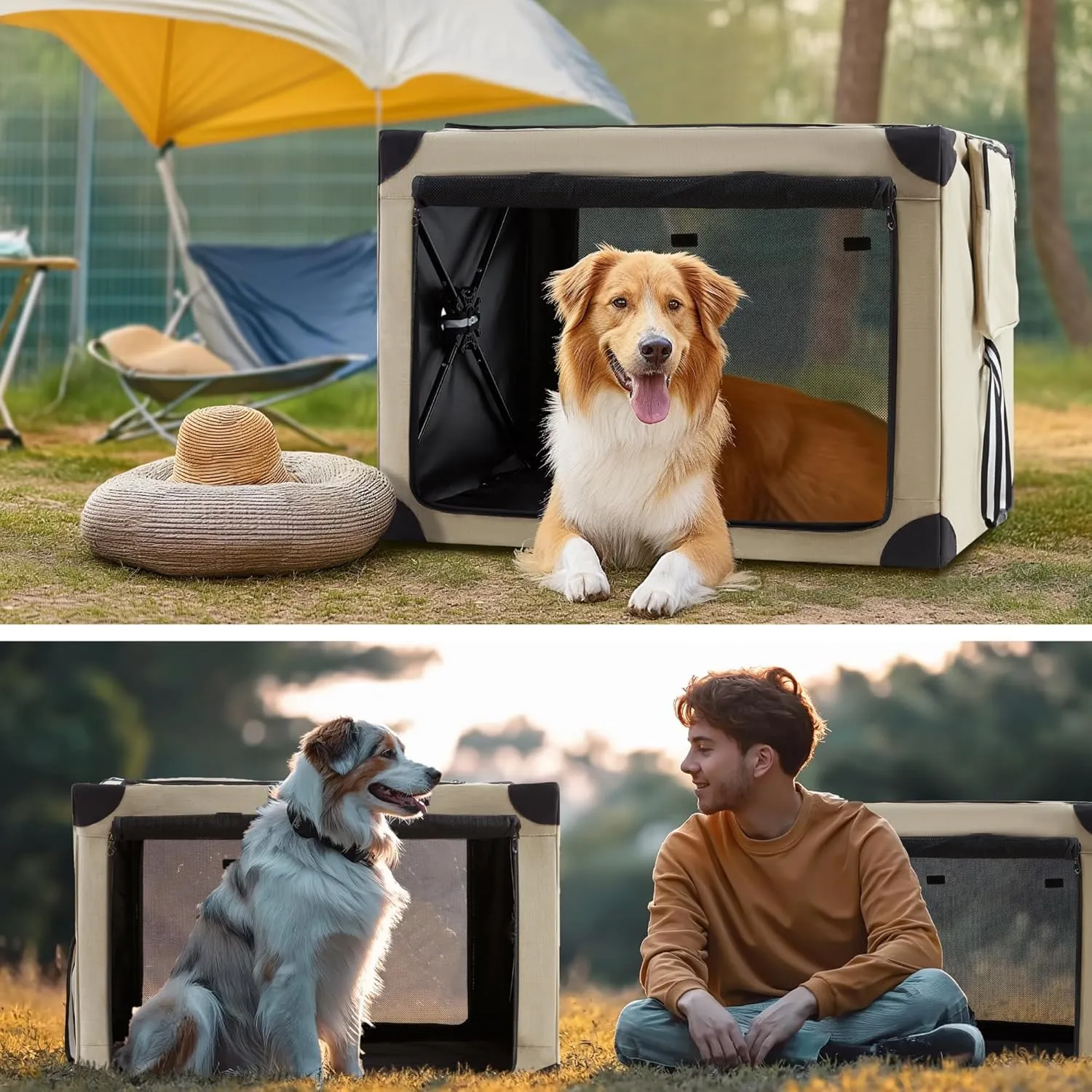 Collapsible Dog Crate - 37 Inch Portable Foldable Travel Crates for Large Dogs with Detachable Storage Bag, Removable Pad, and Mesh Windows for Outdoor & Indoor (Beige)