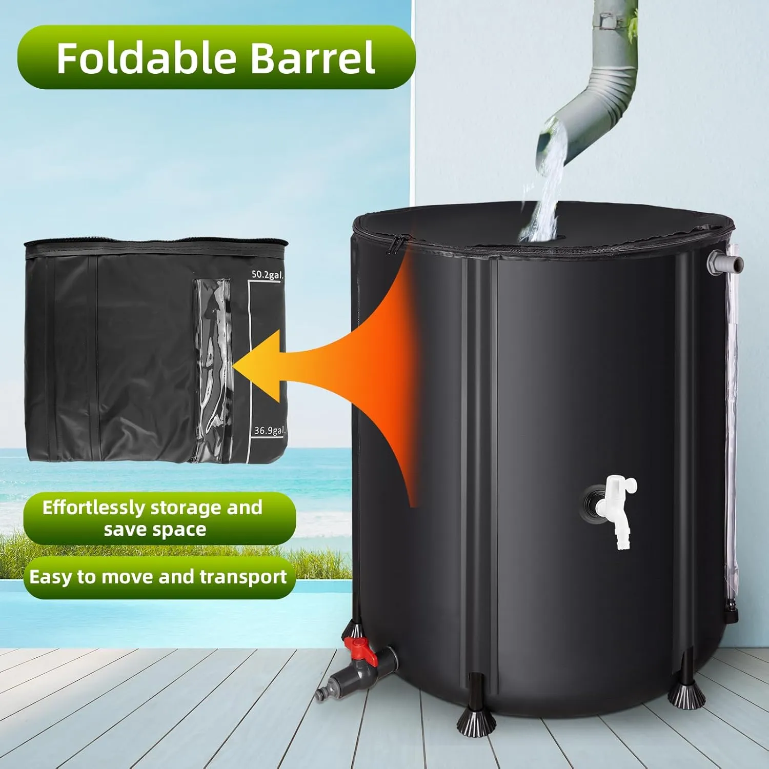 Collapsible Rain Barrel Water Collection System - 53 Gallon Portable Water Storage Tank,Foldable Rainwater Collect System Downspout, Water Catcher Container with Filter, Spigots＆Overflow Kit,Black