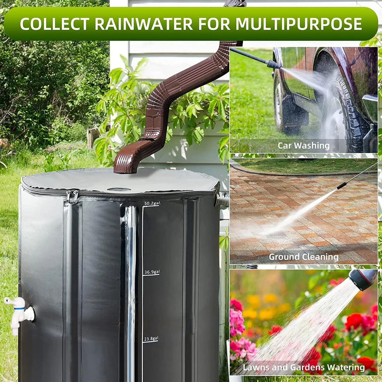 Collapsible Rain Barrel Water Collection System - 53 Gallon Portable Water Storage Tank,Foldable Rainwater Collect System Downspout, Water Catcher Container with Filter, Spigots＆Overflow Kit,Black