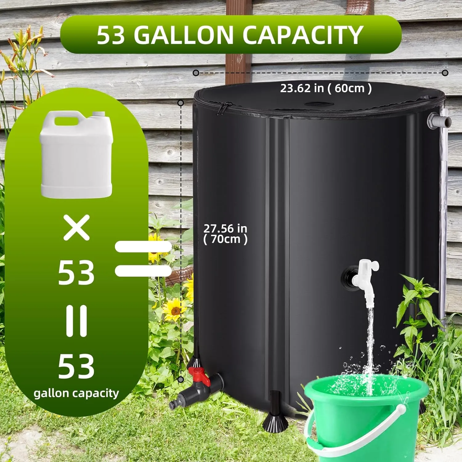 Collapsible Rain Barrel Water Collection System - 53 Gallon Portable Water Storage Tank,Foldable Rainwater Collect System Downspout, Water Catcher Container with Filter, Spigots＆Overflow Kit,Black