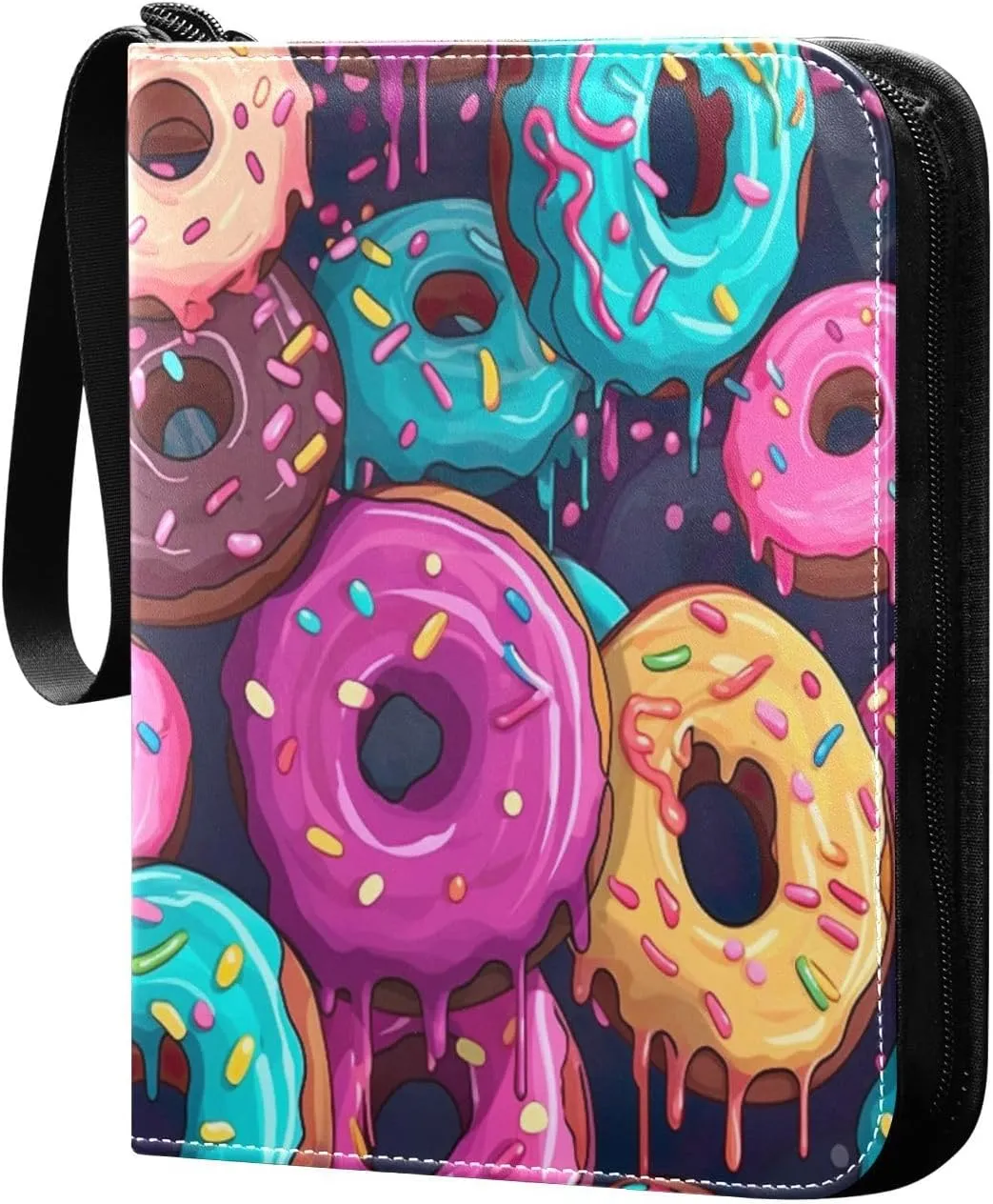 Colorful Donuts Card Binder with 50 Removable Page Sleeves PU Leather Collectible Trading Card Albums Book with Zipper for Games Card,Baseball Cards