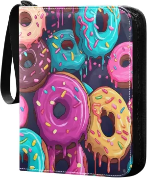 Colorful Donuts Card Binder with 50 Removable Page Sleeves PU Leather Collectible Trading Card Albums Book with Zipper for Games Card,Baseball Cards