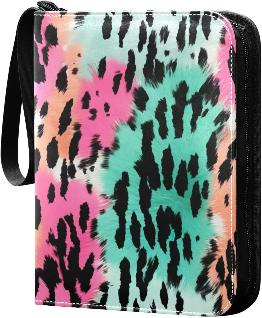 Colorful Leopard Print1 Card Binder with 50 Removable Page Sleeves PU Leather Collectible Trading Card Albums Book with Zipper for Games Card,Baseball Cards