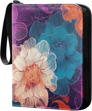 Colorful Line Flower Card Binder with 50 Removable Page Sleeves PU Leather Collectible Trading Card Albums Book with Zipper for Games Card,Baseball Cards