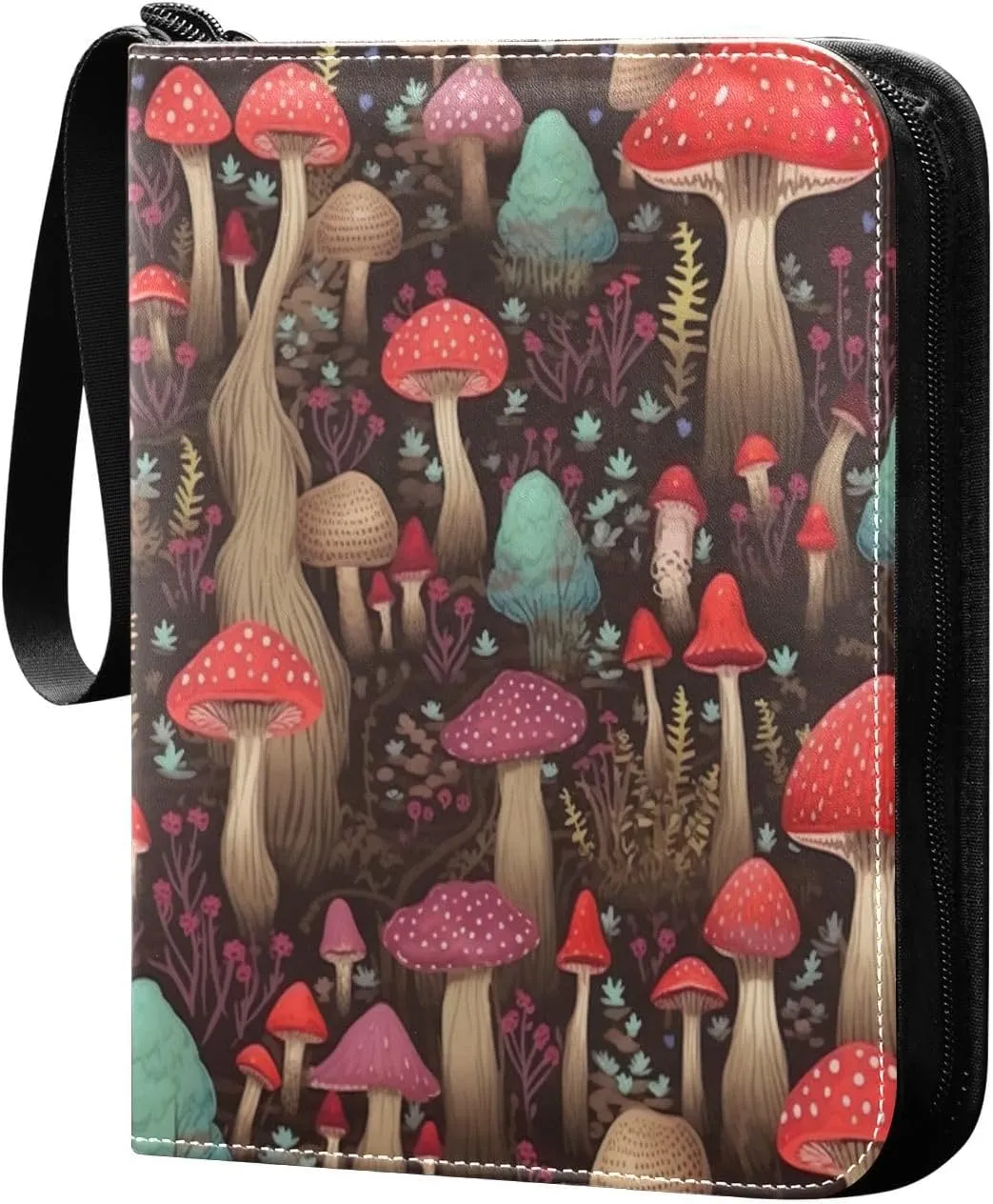 Colorful Mushrooms Card Binder with 50 Removable Page Sleeves PU Leather Collectible Trading Card Albums Book with Zipper for Games Card,Baseball Cards