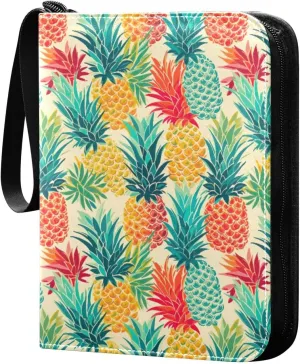 Colorful Pineapples Striped Watermelon Card Binder with 50 Removable Page Sleeves PU Leather Collectible Trading Card Albums Book with Zipper for Games Card,Baseball Cards