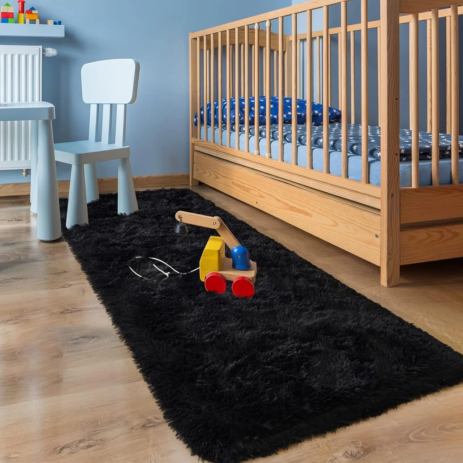 Comeet Runner Rugs for Bedroom, Anti-Skid Plush Fluffy Rugs, Indoor Floor Living Room Carpet for Kids Girls Boys Teen Nursery Home Decor Aesthetic, Nursery, 2 x 6 Feet Black