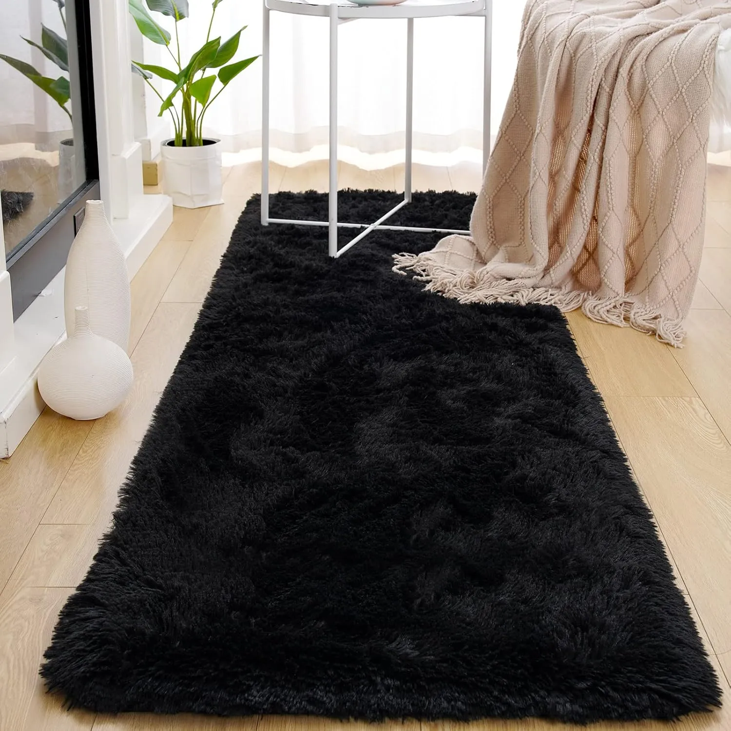 Comeet Runner Rugs for Bedroom, Anti-Skid Plush Fluffy Rugs, Indoor Floor Living Room Carpet for Kids Girls Boys Teen Nursery Home Decor Aesthetic, Nursery, 2 x 6 Feet Black