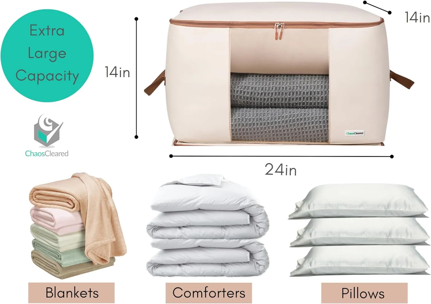 Comforter Storage Bag - 2 Pack Canvas Organizer bags for King/Queen Comforters, Pillows, Blankets, Bedding/Quilt, Blanket, Duvet, Mothproof Space Saver; XL Large Folding Organizers, 24"x14"x14"