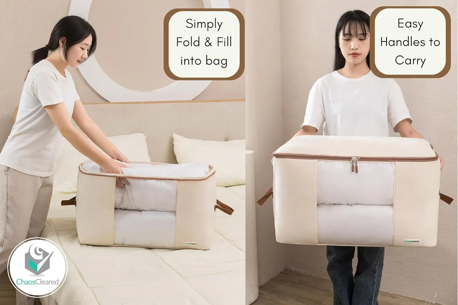 Comforter Storage Bag - 2 Pack Canvas Organizer bags for King/Queen Comforters, Pillows, Blankets, Bedding/Quilt, Blanket, Duvet, Mothproof Space Saver; XL Large Folding Organizers, 24"x14"x14"