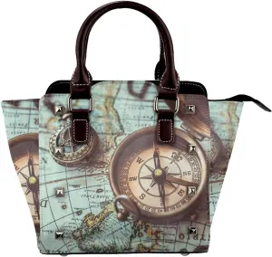 Compass Vintage Ocean Sea Sailing Map Women Leather Handbag Rivet Shoulder Bag Top Handle Satchel Purse