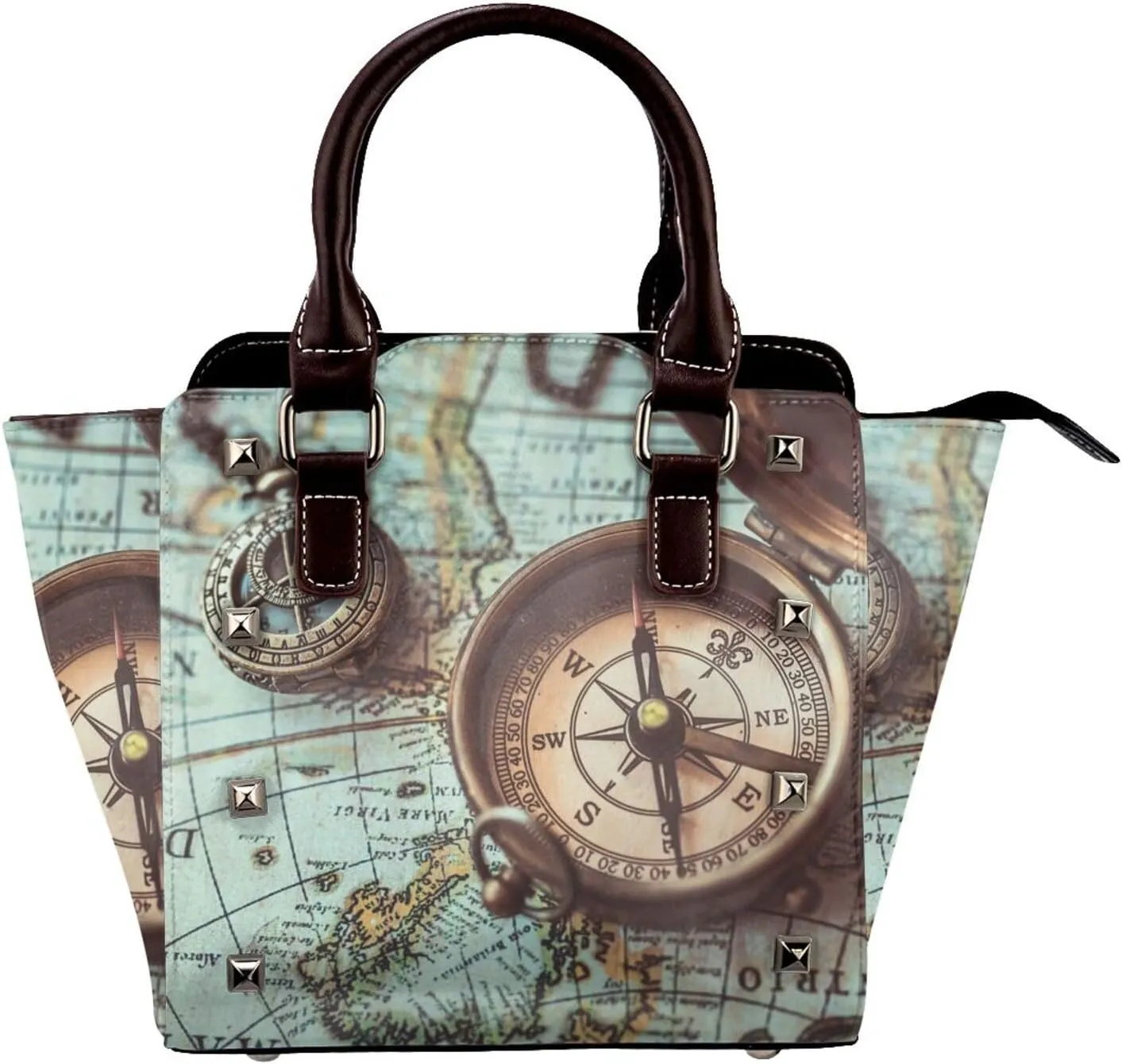 Compass Vintage Ocean Sea Sailing Map Women Leather Handbag Rivet Shoulder Bag Top Handle Satchel Purse