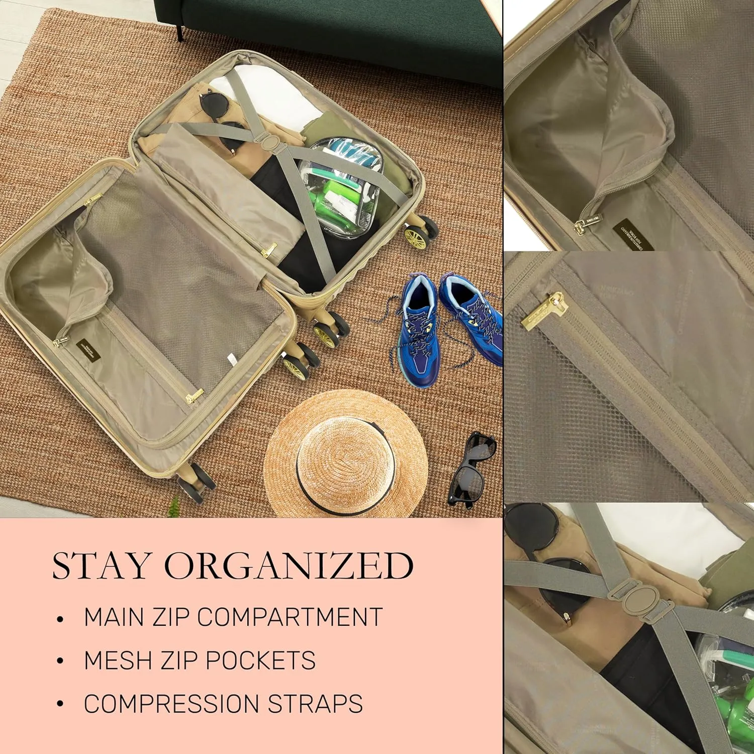 Concept One Christian Siriano New York 22 Inch Carry On Luggage, Stella Hardshell Rolling Suitcase with Spinner Wheels, Taupe