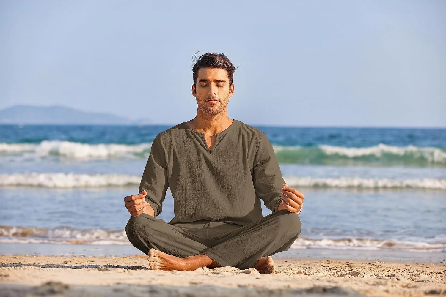 COOFANDY Men's 2 Pieces Cotton Linen Set Henley Shirt Long Sleeve and Casual Beach Pants Summer Yoga Outfits