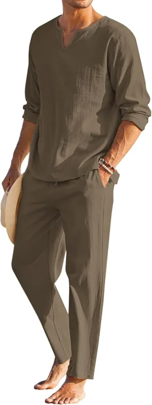 COOFANDY Men's 2 Pieces Cotton Linen Set Henley Shirt Long Sleeve and Casual Beach Pants Summer Yoga Outfits