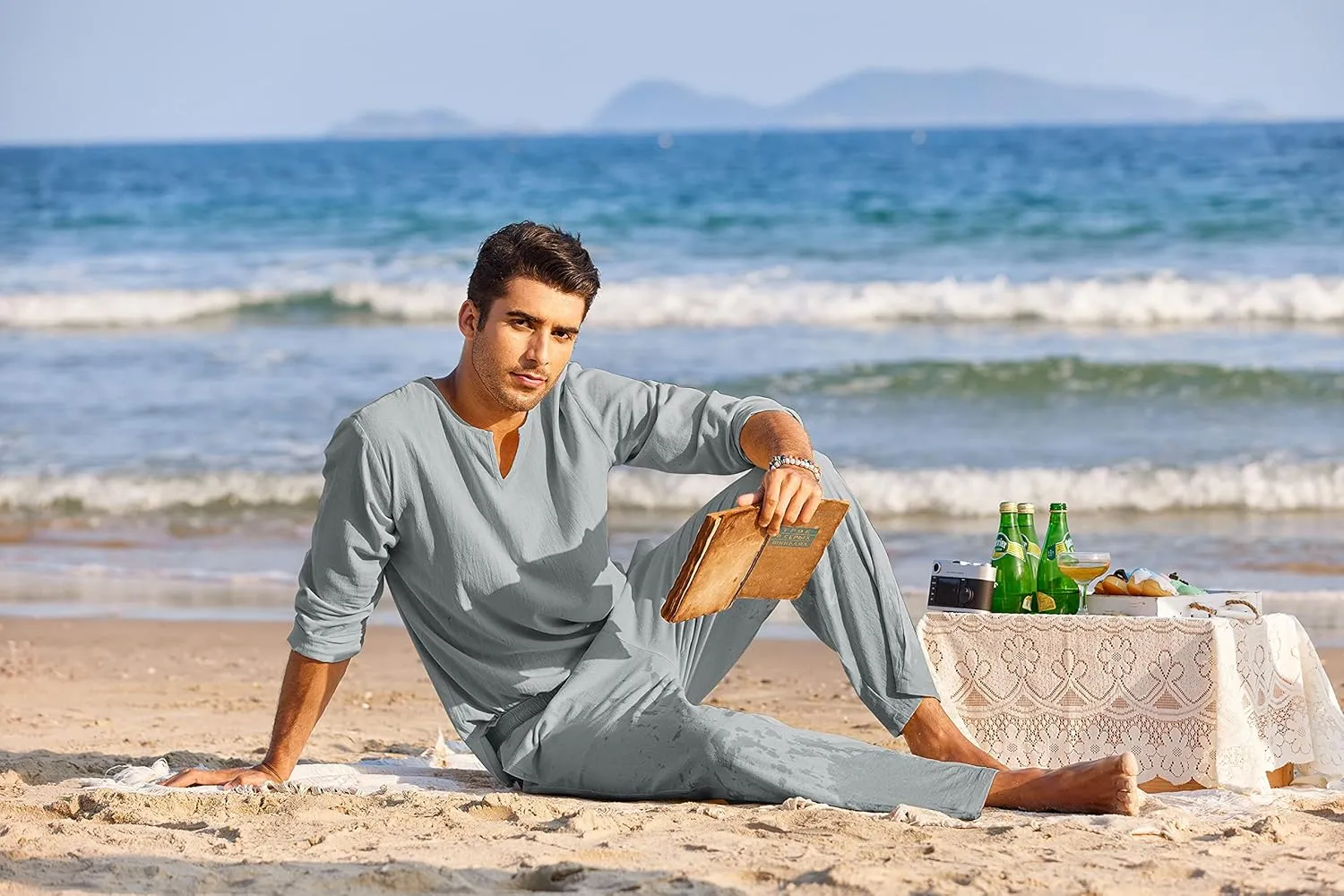 COOFANDY Men's 2 Pieces Cotton Linen Set Henley Shirt Long Sleeve and Casual Beach Pants Summer Yoga Outfits