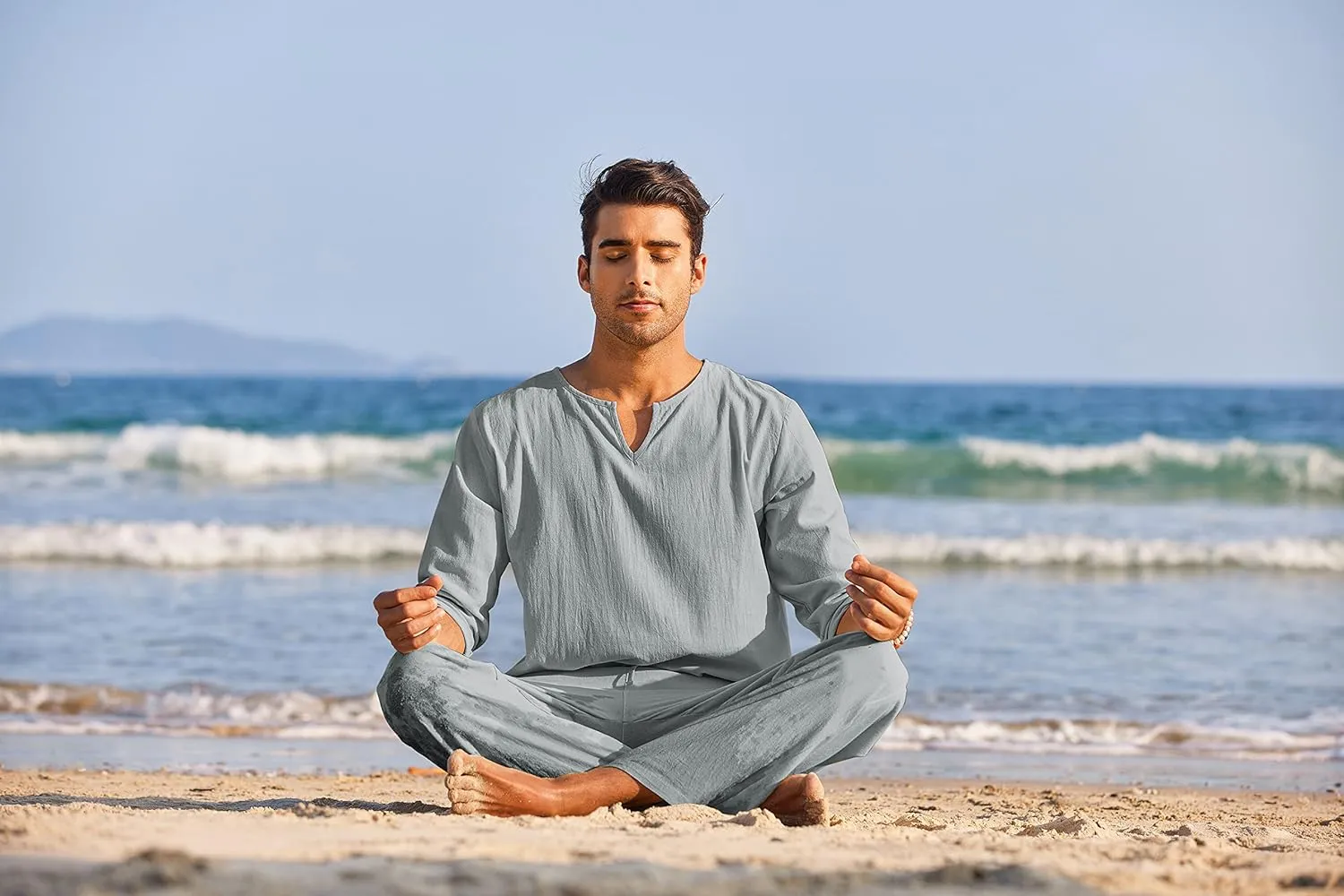 COOFANDY Men's 2 Pieces Cotton Linen Set Henley Shirt Long Sleeve and Casual Beach Pants Summer Yoga Outfits