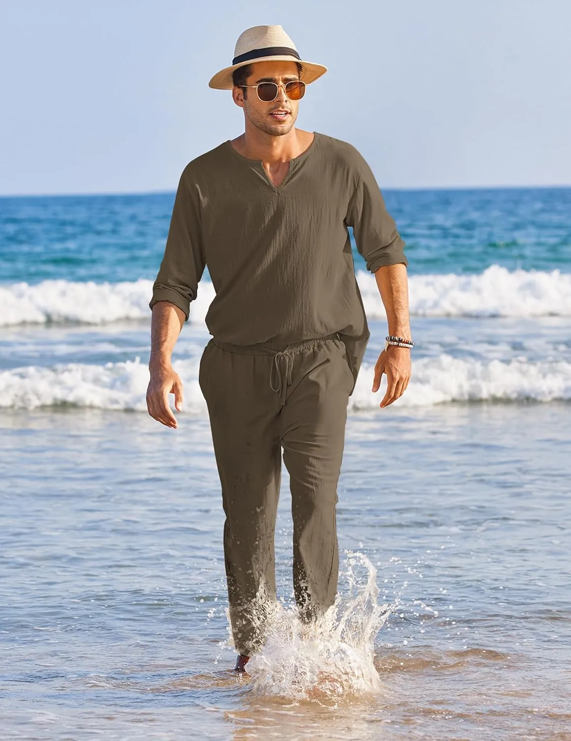 COOFANDY Men's 2 Pieces Cotton Linen Set Henley Shirt Long Sleeve and Casual Beach Pants Summer Yoga Outfits