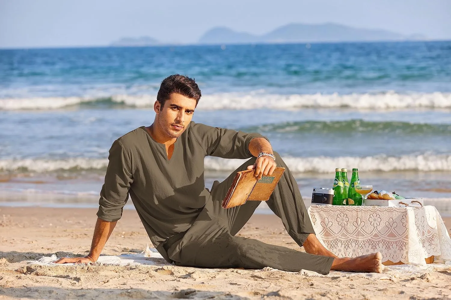 COOFANDY Men's 2 Pieces Cotton Linen Set Henley Shirt Long Sleeve and Casual Beach Pants Summer Yoga Outfits
