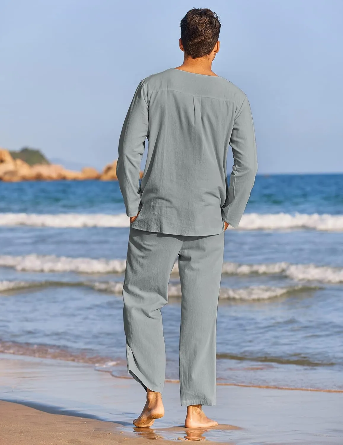 COOFANDY Men's 2 Pieces Cotton Linen Set Henley Shirt Long Sleeve and Casual Beach Pants Summer Yoga Outfits