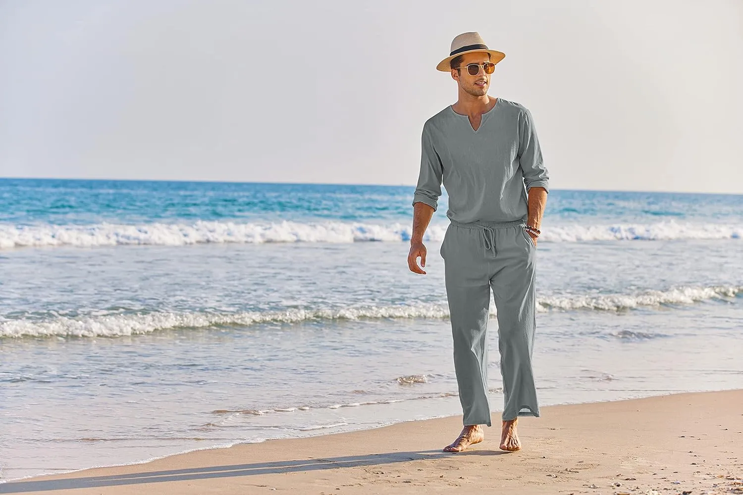 COOFANDY Men's 2 Pieces Cotton Linen Set Henley Shirt Long Sleeve and Casual Beach Pants Summer Yoga Outfits