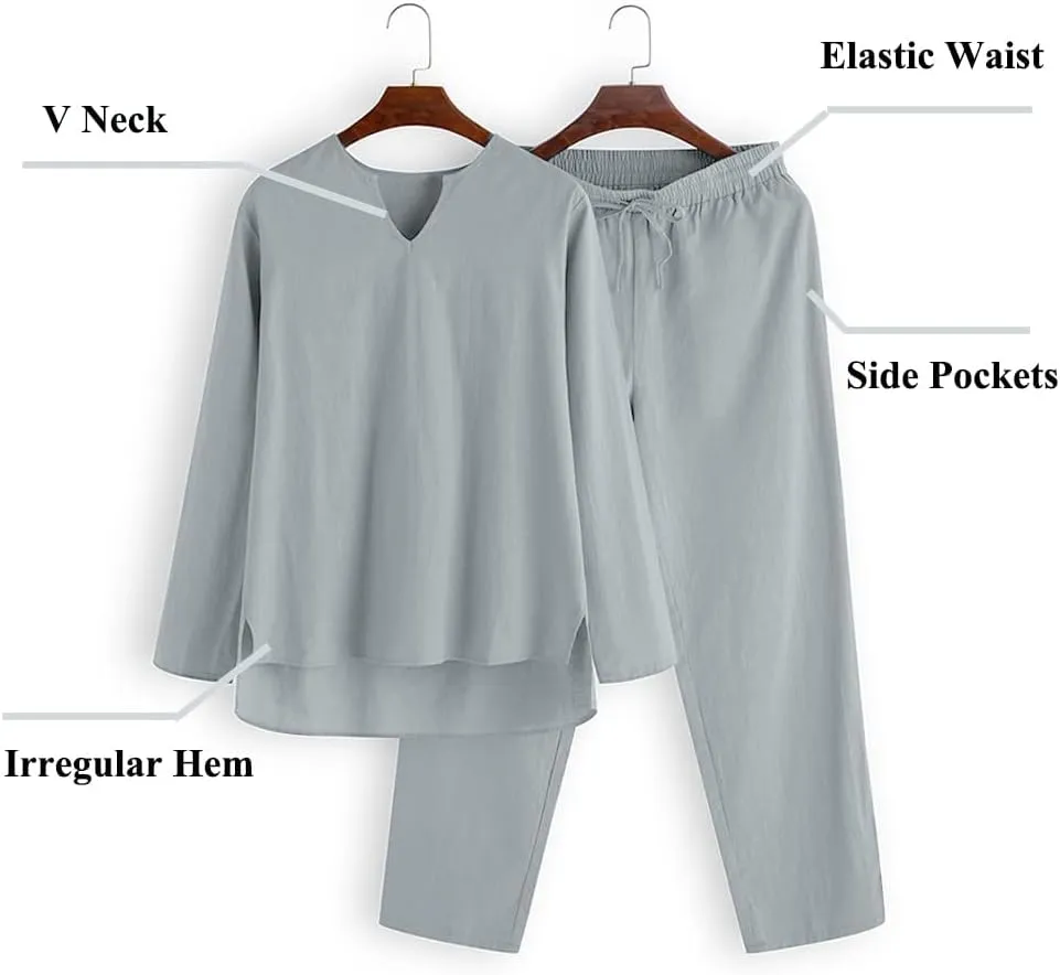 COOFANDY Men's 2 Pieces Cotton Linen Set Henley Shirt Long Sleeve and Casual Beach Pants Summer Yoga Outfits