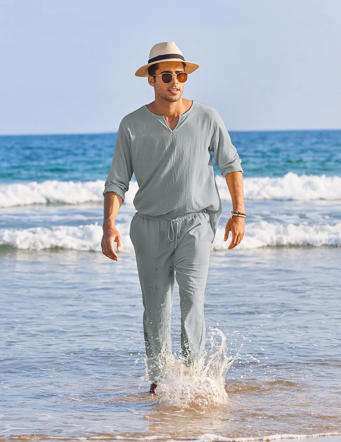 COOFANDY Men's 2 Pieces Cotton Linen Set Henley Shirt Long Sleeve and Casual Beach Pants Summer Yoga Outfits