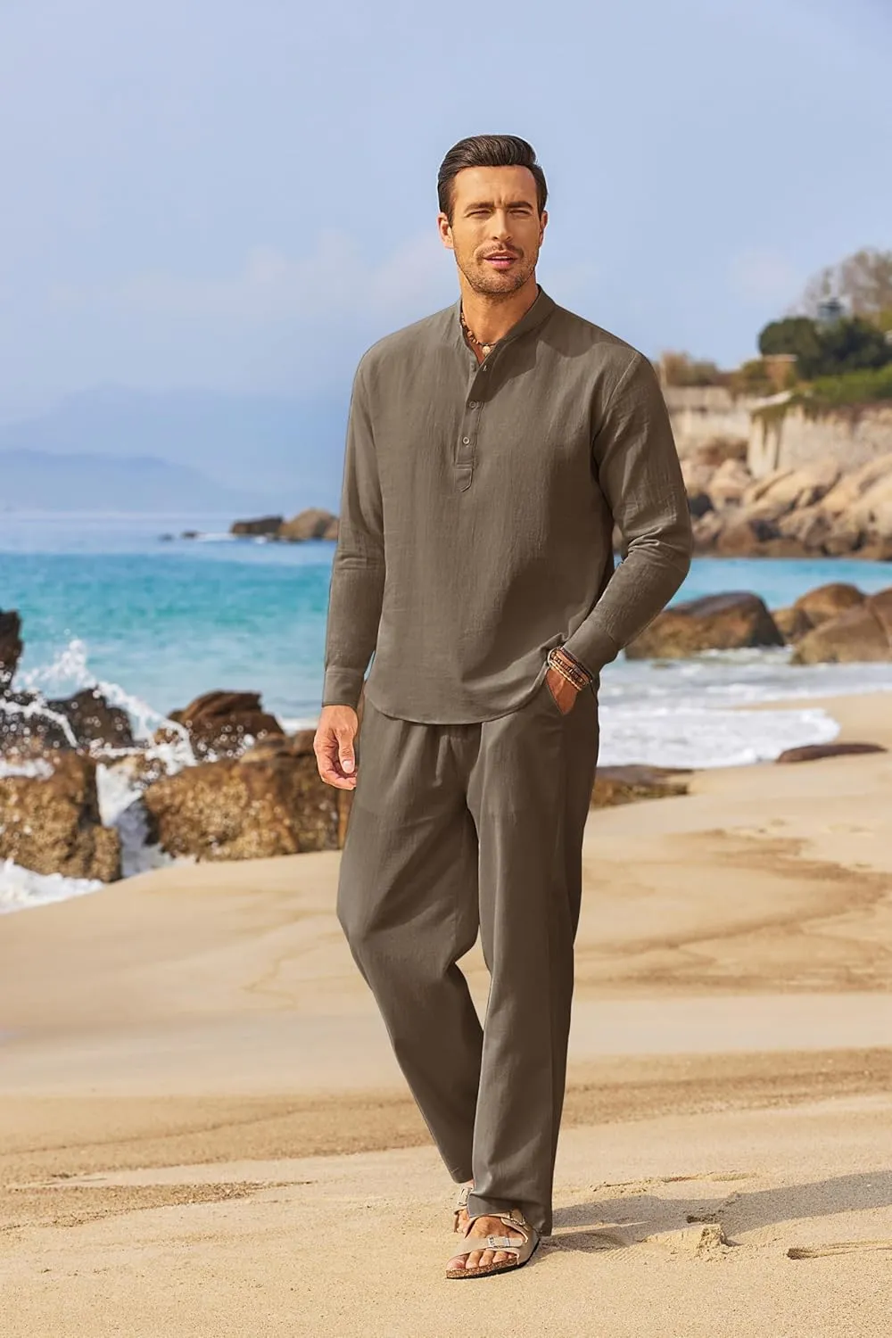 COOFANDY Men's 2 Pieces Cotton Linen Set Long Sleeve Henley Shirts Casual Beach Pants With Pockets Summer Yoga Outfits