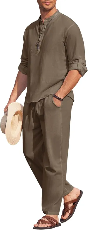 COOFANDY Men's 2 Pieces Cotton Linen Set Long Sleeve Henley Shirts Casual Beach Pants With Pockets Summer Yoga Outfits
