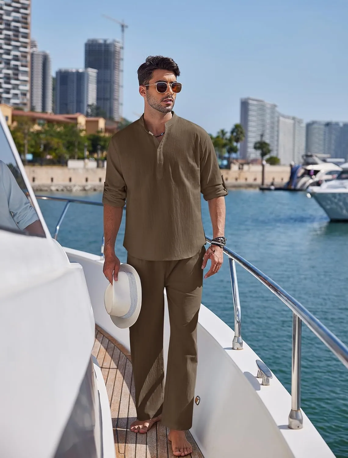 COOFANDY Men's 2 Pieces Cotton Linen Set Long Sleeve Henley Shirts Casual Beach Pants With Pockets Summer Yoga Outfits