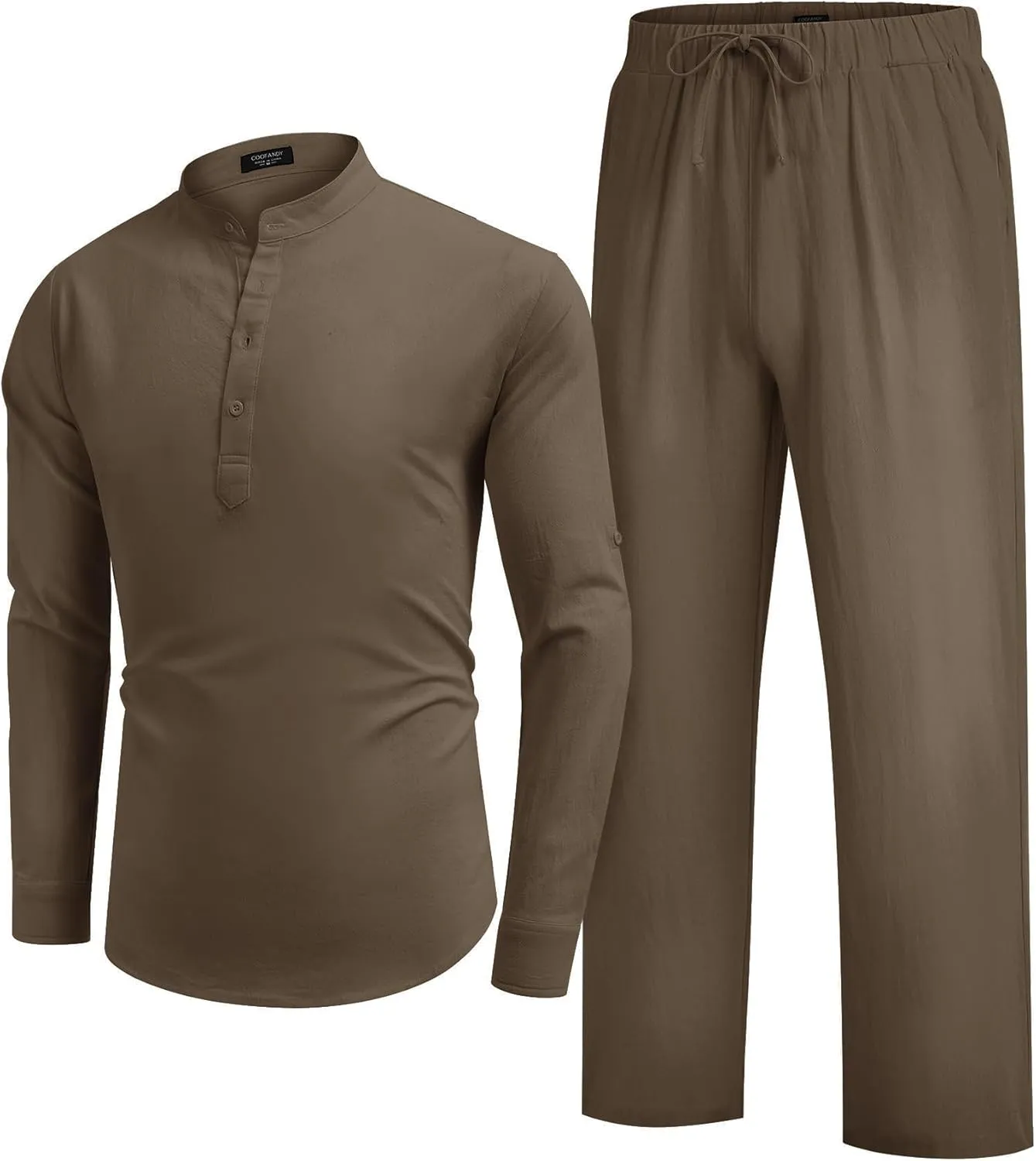 COOFANDY Men's 2 Pieces Cotton Linen Set Long Sleeve Henley Shirts Casual Beach Pants With Pockets Summer Yoga Outfits