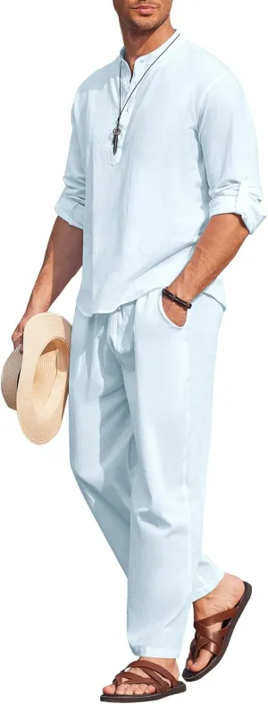 COOFANDY Men's 2 Pieces Cotton Linen Set Long Sleeve Henley Shirts Casual Beach Pants With Pockets Summer Yoga Outfits