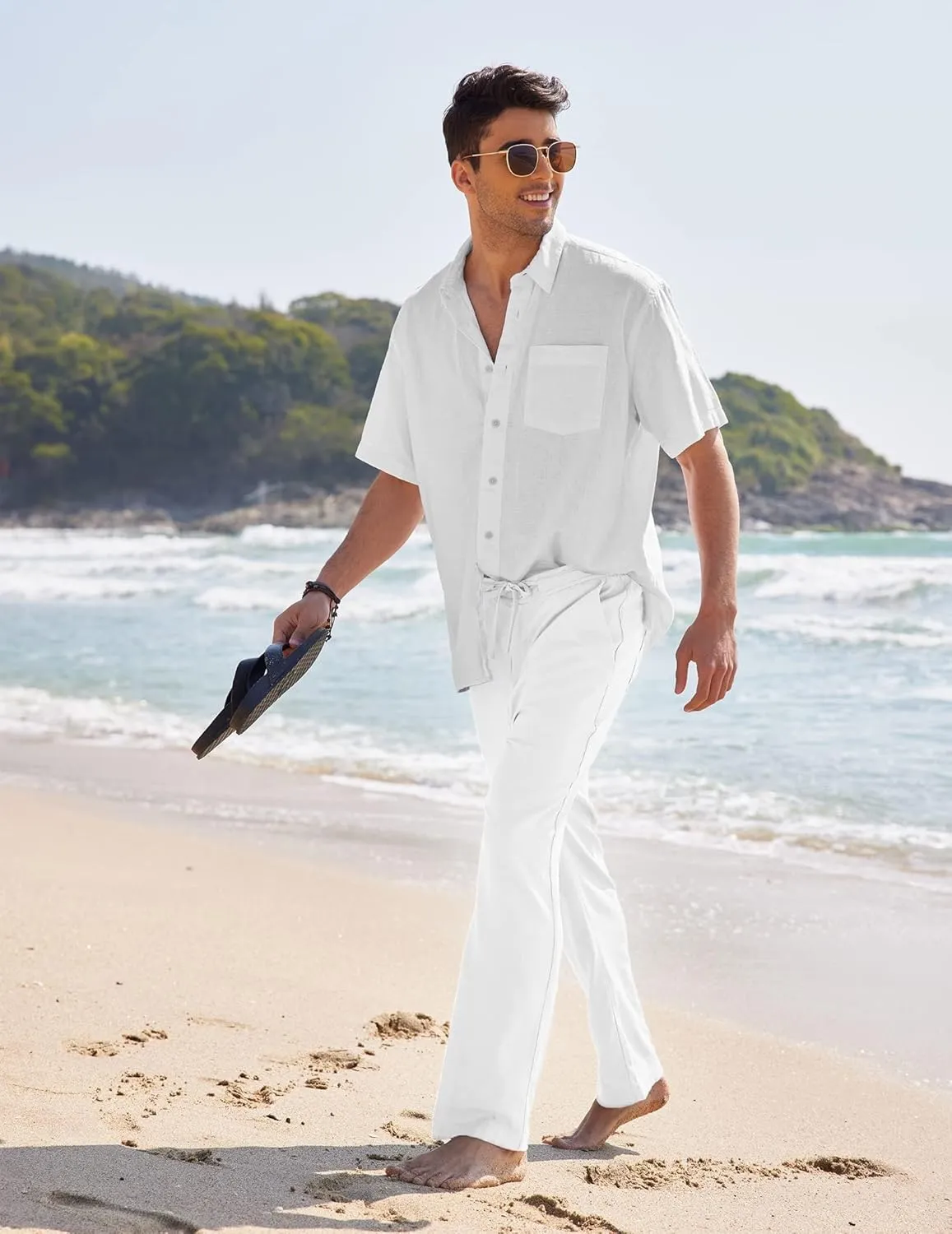 COOFANDY Men's Casual Linen Pants Elastic Waist Drawstring Yoga Beach Pants Lightweight Loose Fit Trousers with Pockets