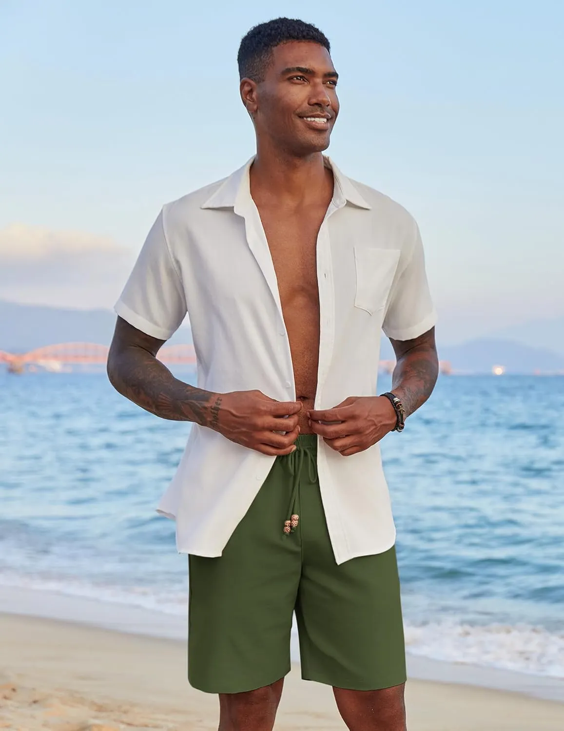 COOFANDY Mens Casual Linen Shorts Elastic Waist Drawstring Loose Fit Summer Beach Vacation Shorts with Pockets