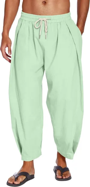 COOFANDY Men's Cotton Linen Harem Pants Drawstring Casual Cropped Trousers Lightweight Loose Beach Yoga Pants with Pockets