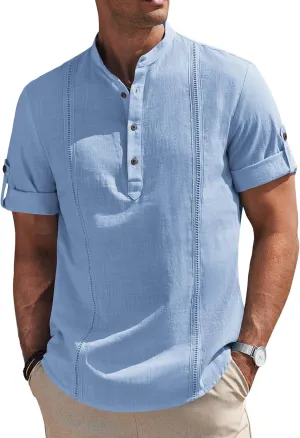 COOFANDY Men's Cotton Linen Henley Shirt Short Sleeve Hippie Casual Band Collar Summer Beach T-Shirts