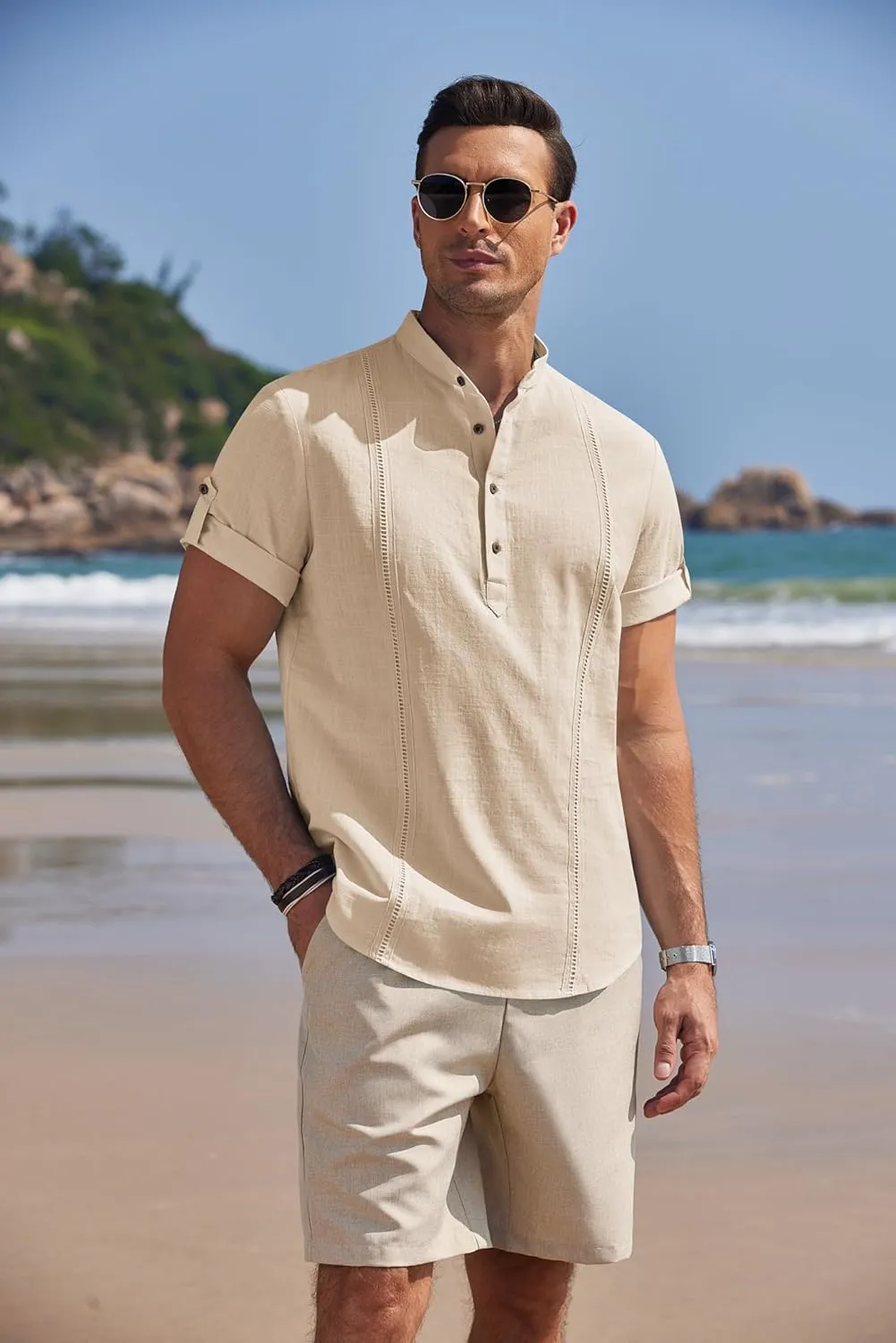 COOFANDY Men's Cotton Linen Henley Shirt Short Sleeve Hippie Casual Band Collar Summer Beach T-Shirts