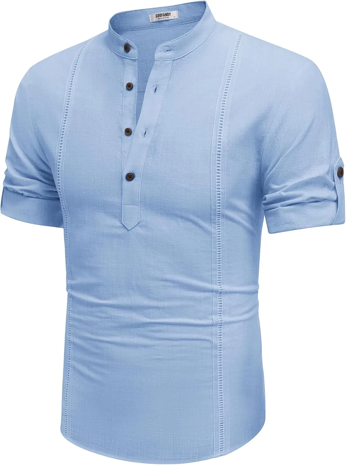 COOFANDY Men's Cotton Linen Henley Shirt Short Sleeve Hippie Casual Band Collar Summer Beach T-Shirts