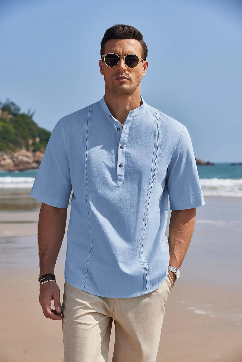 COOFANDY Men's Cotton Linen Henley Shirt Short Sleeve Hippie Casual Band Collar Summer Beach T-Shirts