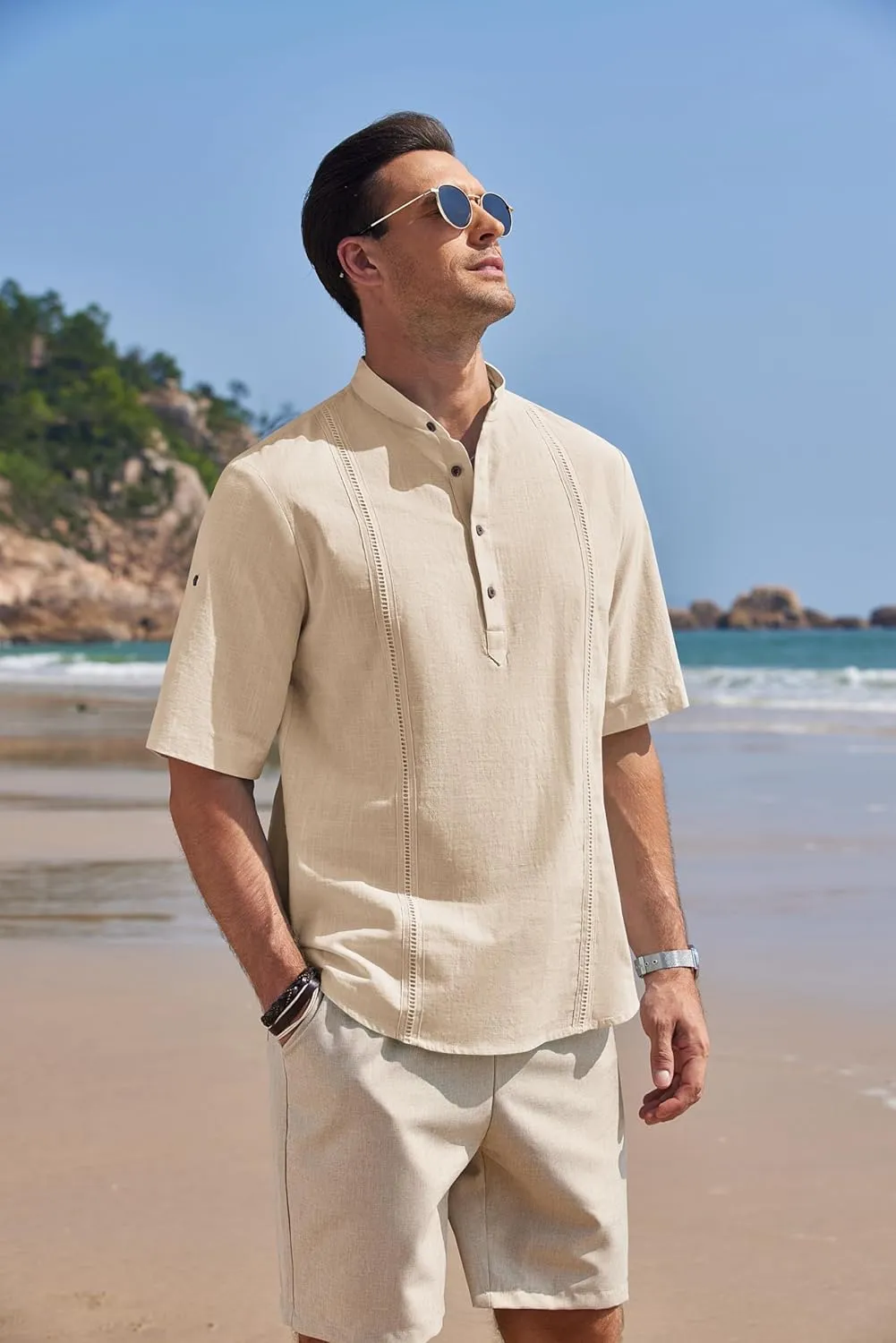 COOFANDY Men's Cotton Linen Henley Shirt Short Sleeve Hippie Casual Band Collar Summer Beach T-Shirts
