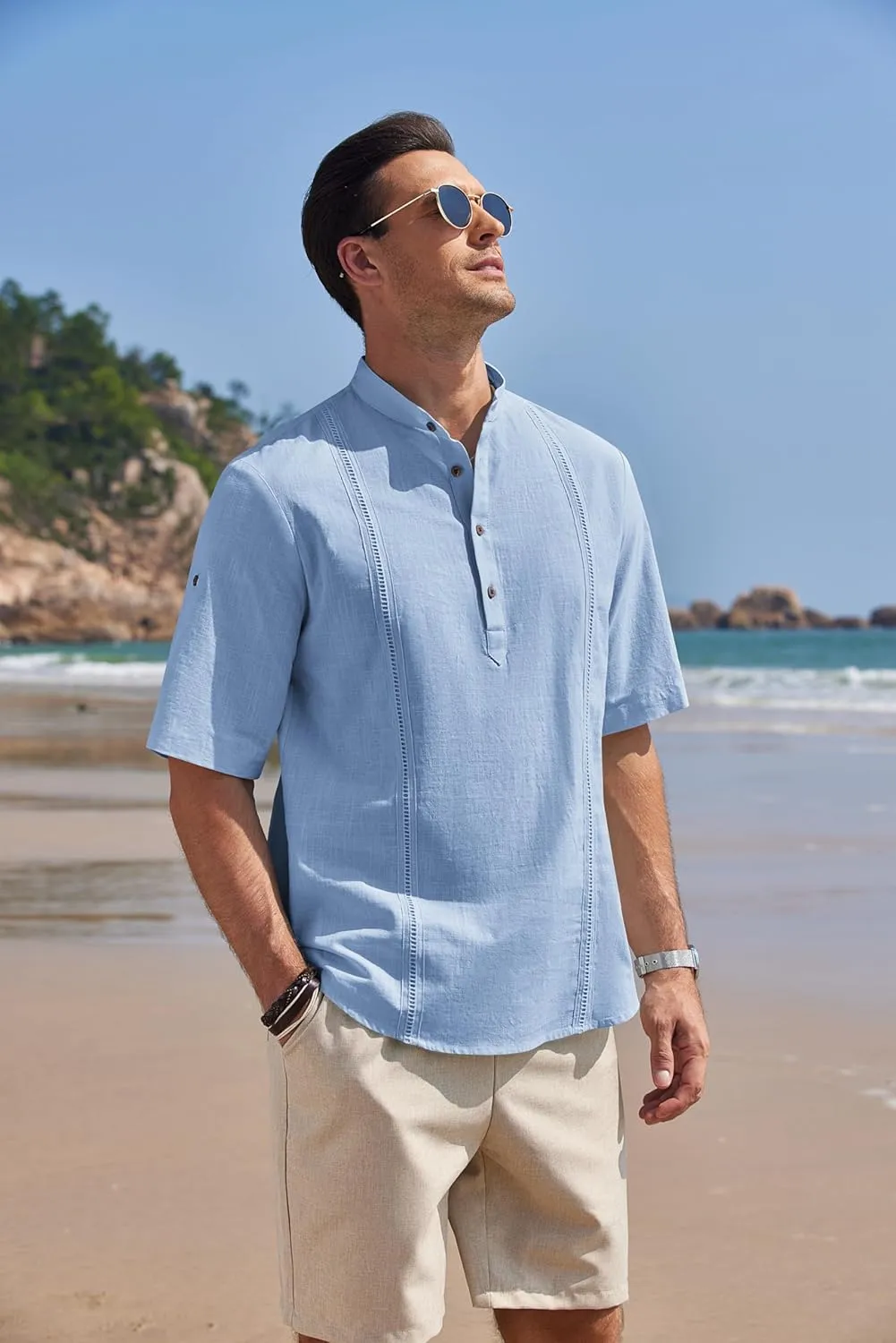 COOFANDY Men's Cotton Linen Henley Shirt Short Sleeve Hippie Casual Band Collar Summer Beach T-Shirts