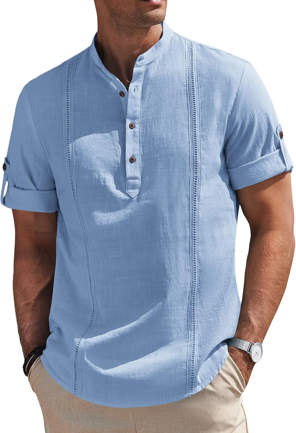COOFANDY Men's Cotton Linen Henley Shirt Short Sleeve Hippie Casual Band Collar Summer Beach T-Shirts