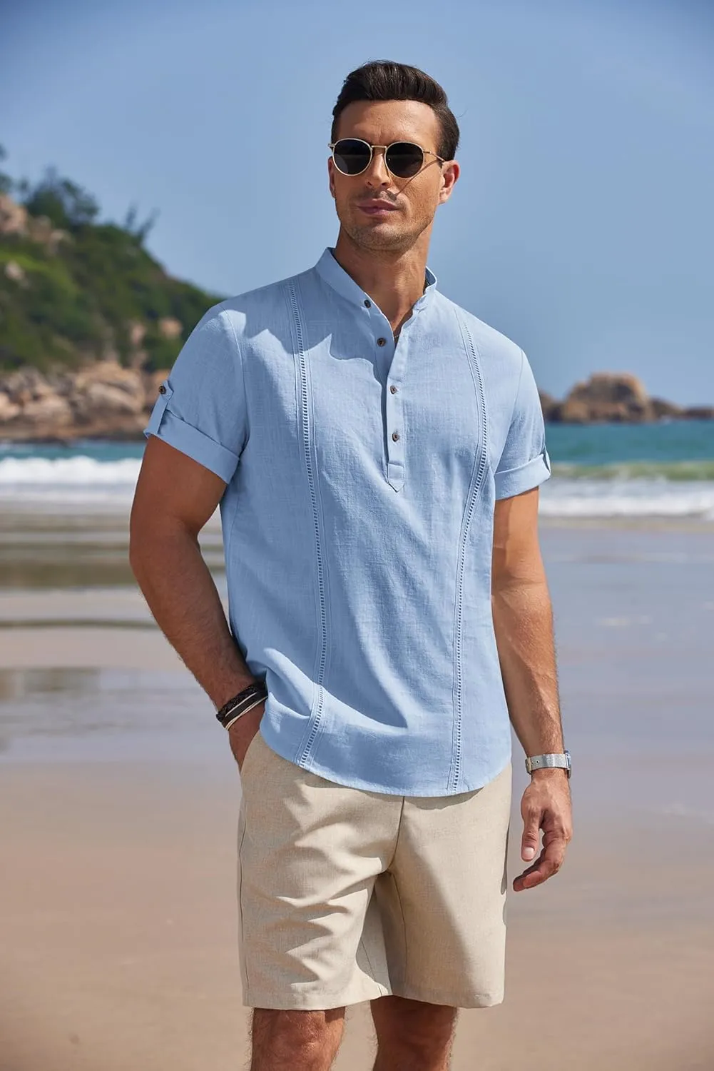 COOFANDY Men's Cotton Linen Henley Shirt Short Sleeve Hippie Casual Band Collar Summer Beach T-Shirts