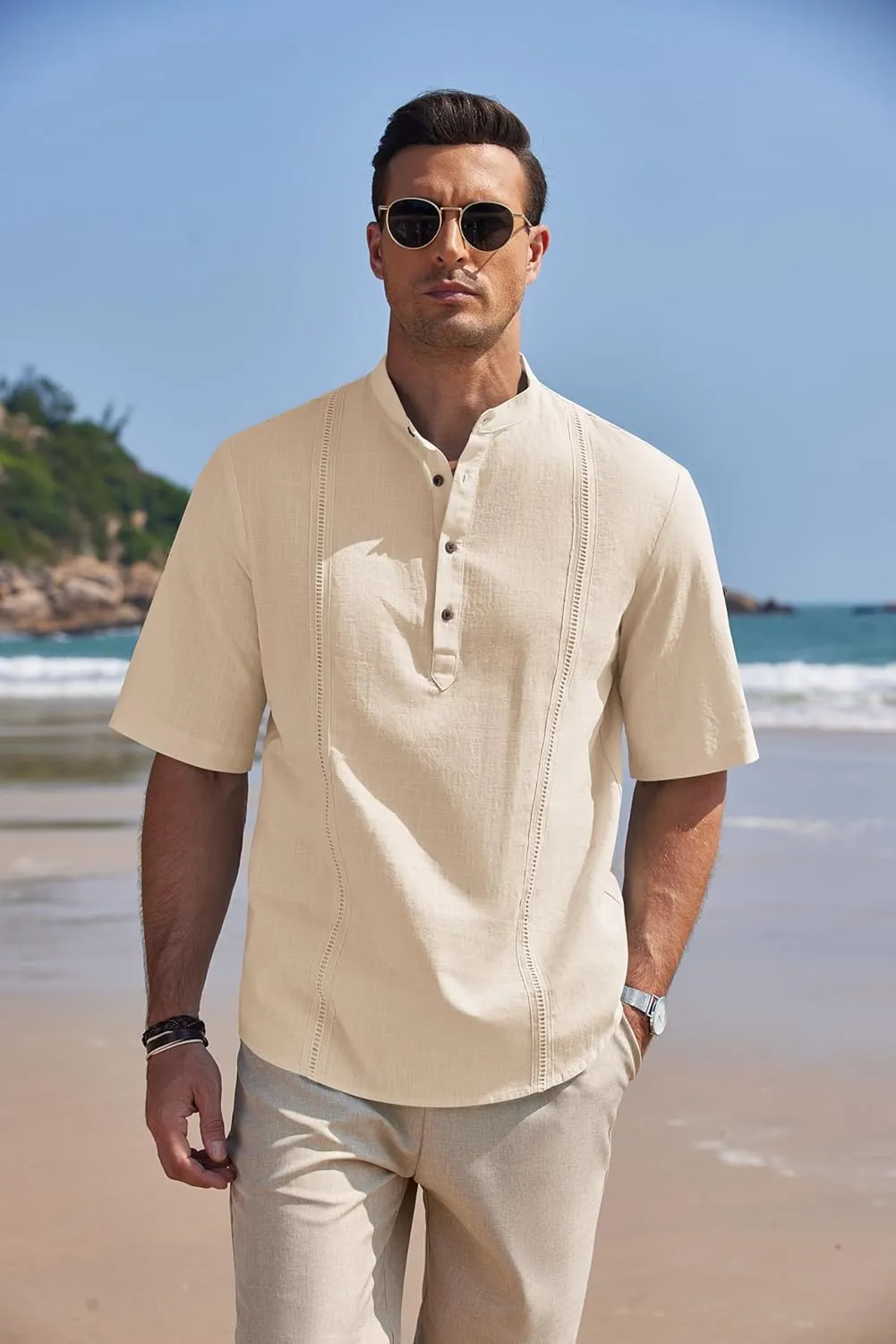COOFANDY Men's Cotton Linen Henley Shirt Short Sleeve Hippie Casual Band Collar Summer Beach T-Shirts