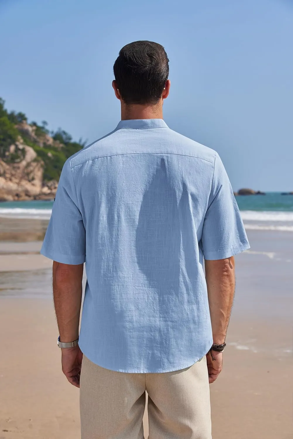 COOFANDY Men's Cotton Linen Henley Shirt Short Sleeve Hippie Casual Band Collar Summer Beach T-Shirts