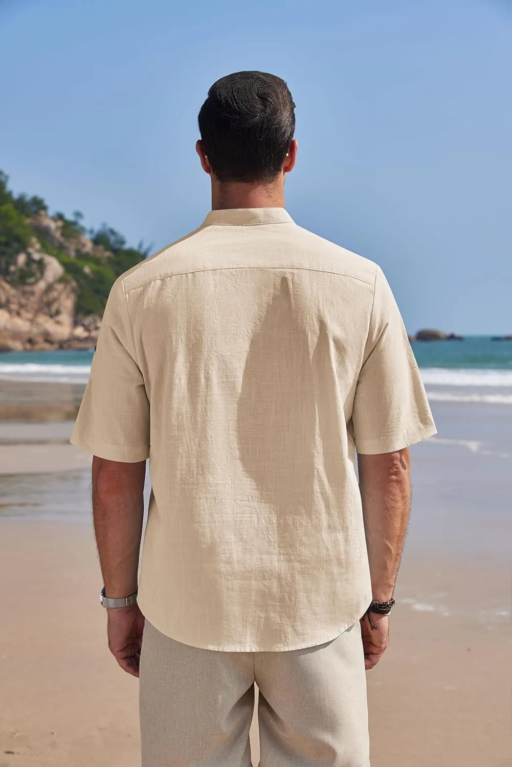COOFANDY Men's Cotton Linen Henley Shirt Short Sleeve Hippie Casual Band Collar Summer Beach T-Shirts