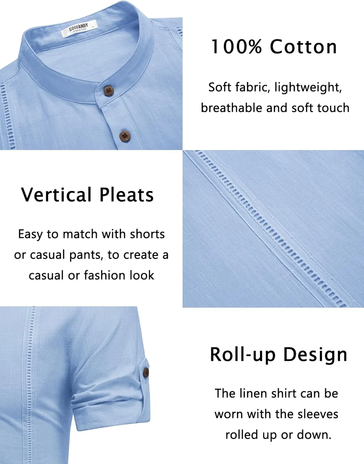 COOFANDY Men's Cotton Linen Henley Shirt Short Sleeve Hippie Casual Band Collar Summer Beach T-Shirts