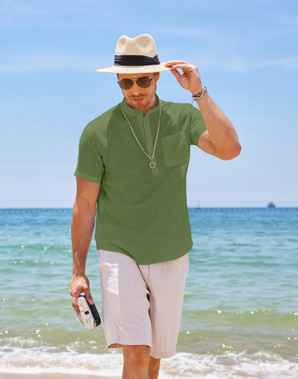 COOFANDY Men's Cotton Linen Henley Shirt Short Sleeve Hippie Casual Beach T-Shirts with Pocket